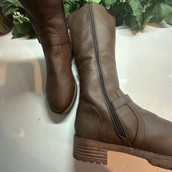 Brown Knee-High Boots With Buckle & Side Zipper - Picture 7 of 12